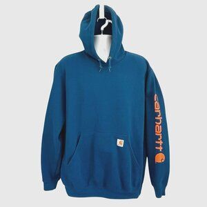 Carhartt Mens Original Fit Hooded Sweatshirt Pullover Hoodie M Blue Logo Sleeve